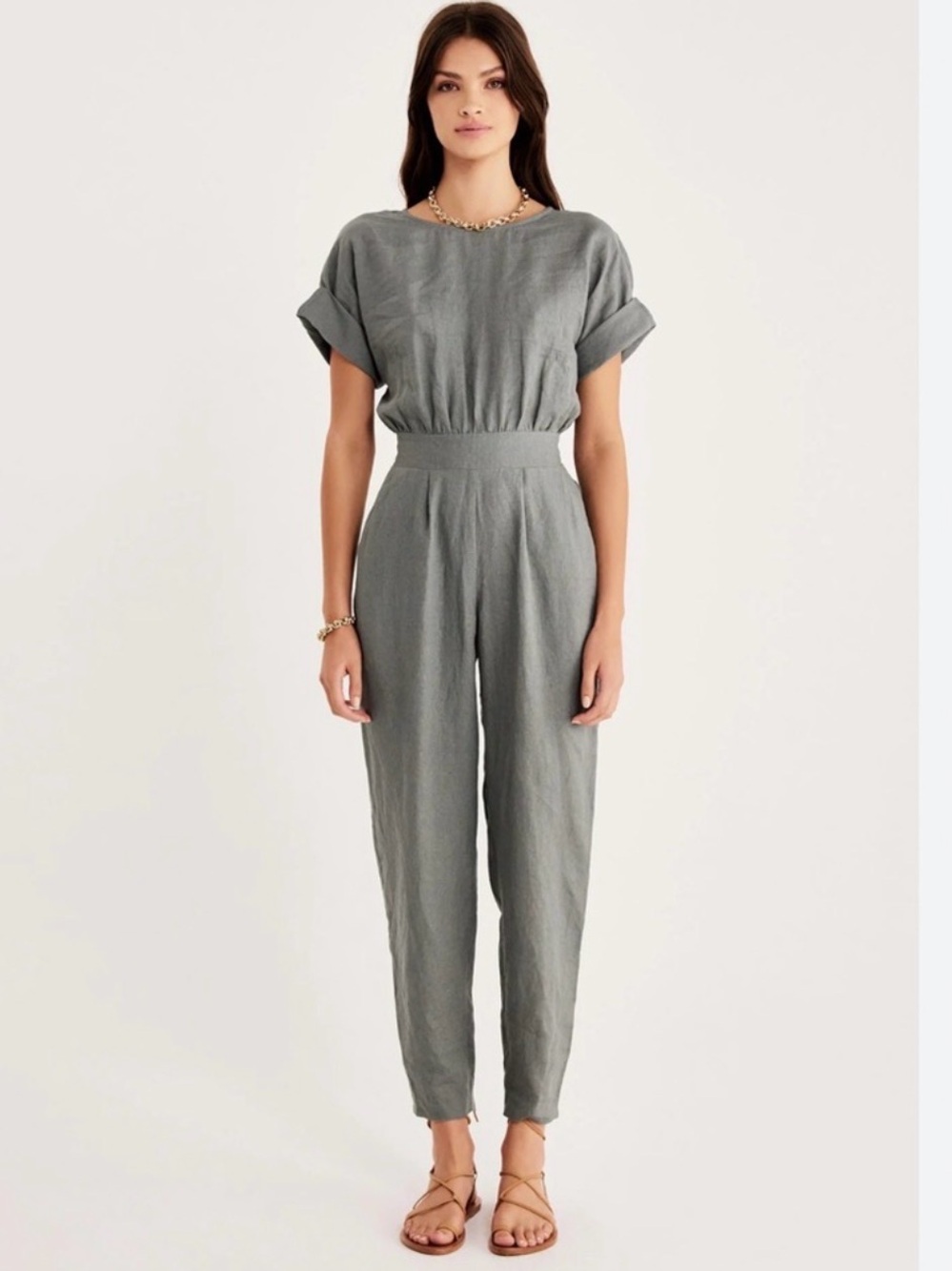 NWT Revolve Rumer Fern Loulou Linen Short Sleeve Jumpsuit Belted Waist Sz XS